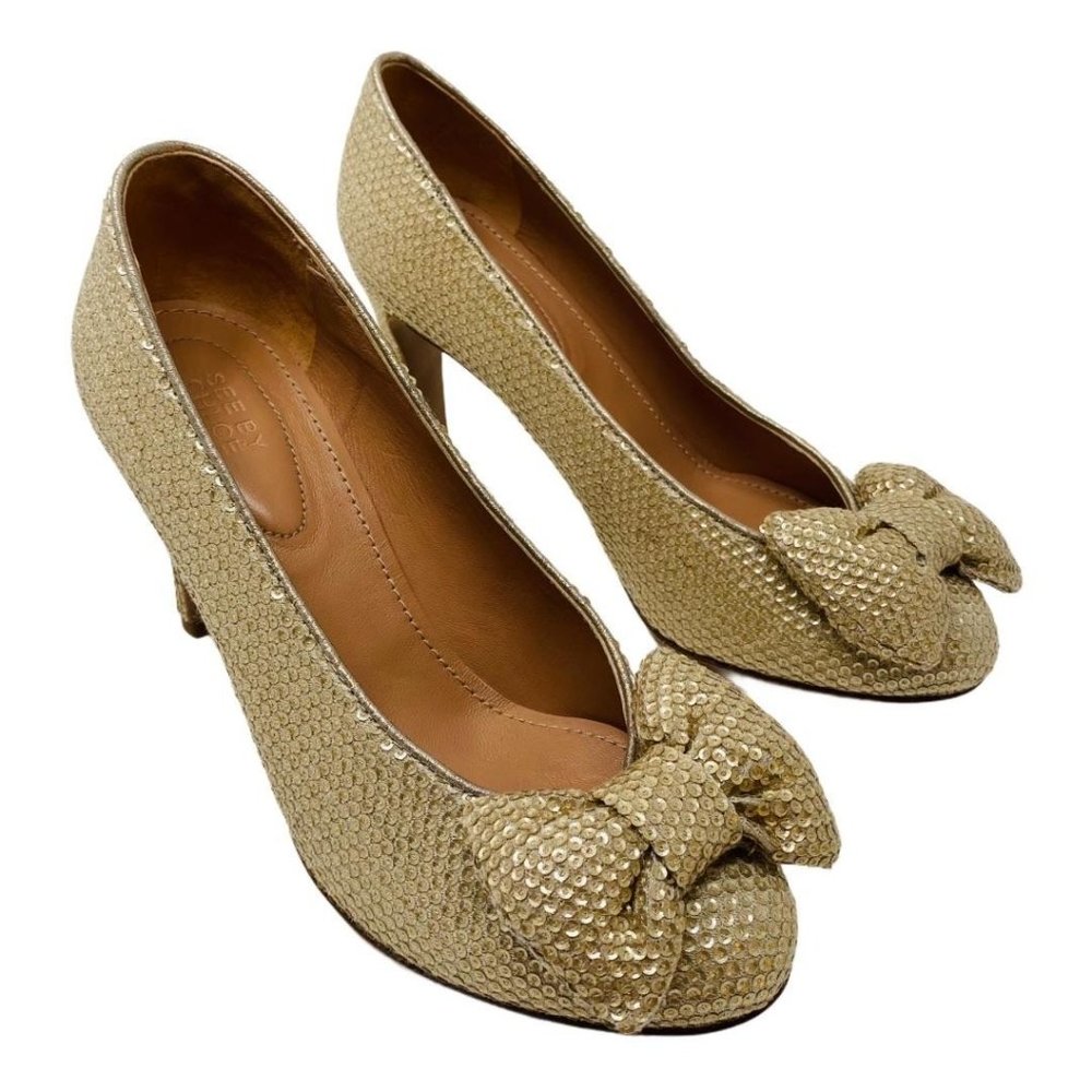 See By Chloe Paillettes Pumps Gold Bow Heels Size 37 6.5 Sparkle Party Shoes